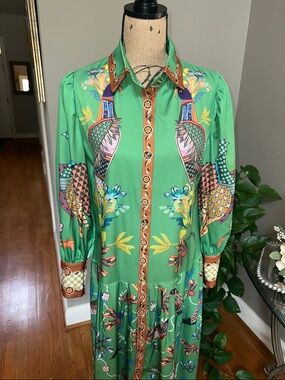 Green Floral & Bird-Print Button-Front Maxi Dress Charming Boutique size Small